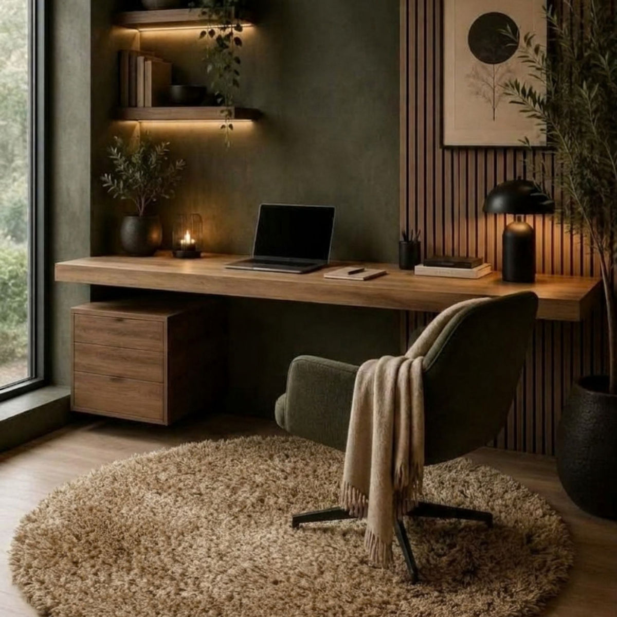 Poly Circle vloerkleed rond in champignon in een interieur, visualisatie – Studio Sisté