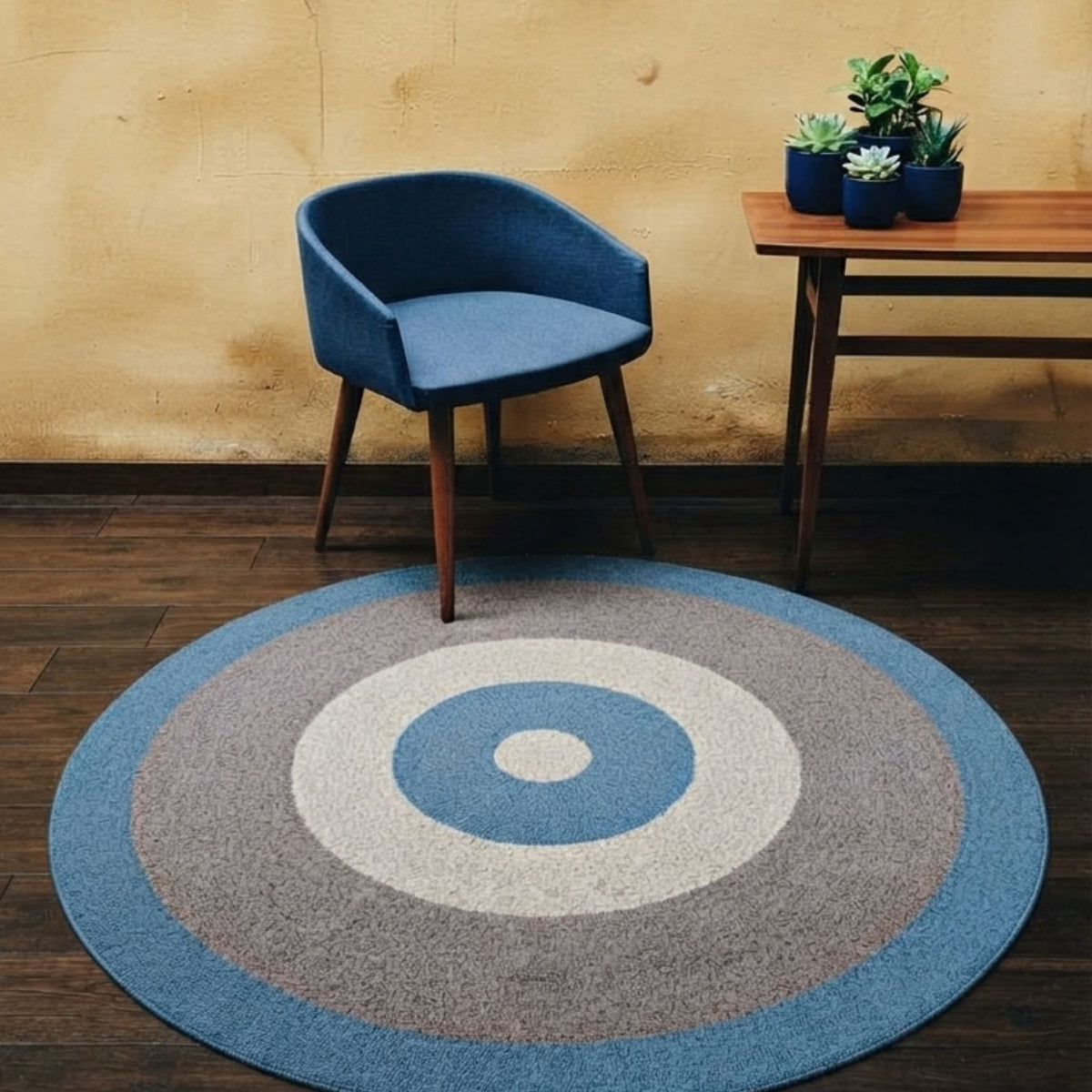Limited 01 rond vloerkleed in grijstinten met aqua blauw accent in een interieur, visualisatie 2 – Studio Sisté