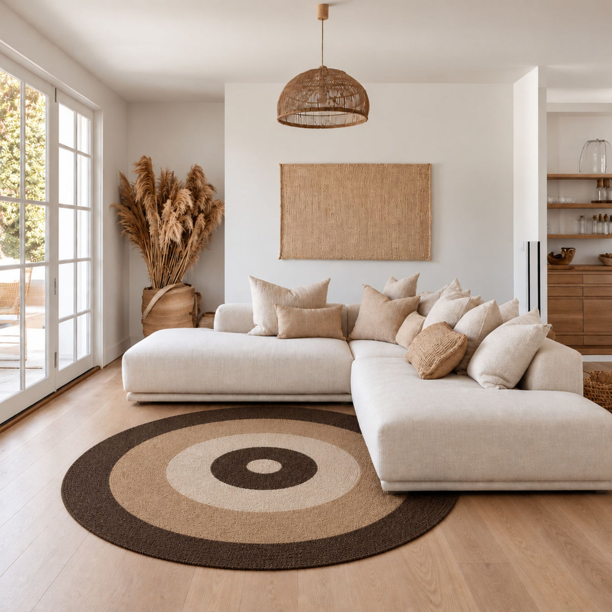 Espresso rond vloerkleed in warme bruine tinten in een interieur, visualisatie 2 – Studio Sisté