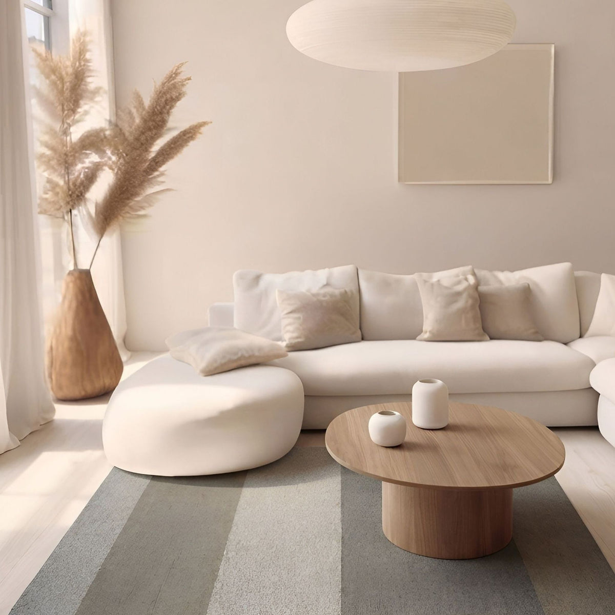 Limited 05 rechthoekig vloerkleed in zand, karton en betongrijs in een interieur, visualisatie – Studio Sisté