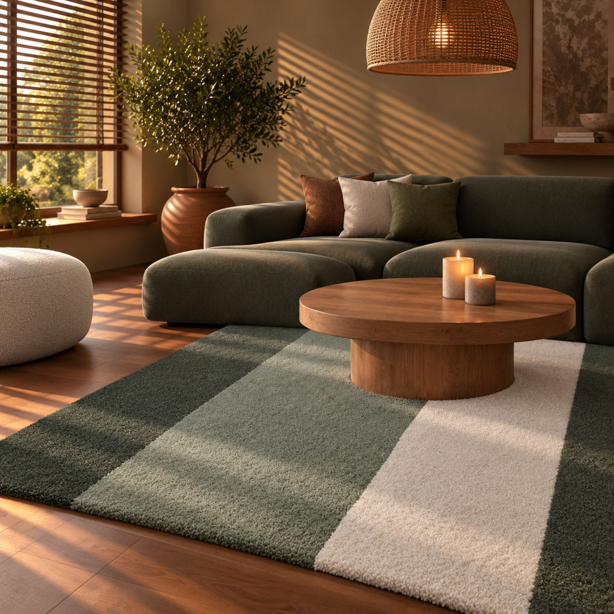 Pistachio Blend rechthoekig vloerkleed in pistachegroen in een interieur, visualisatie – Studio Sisté