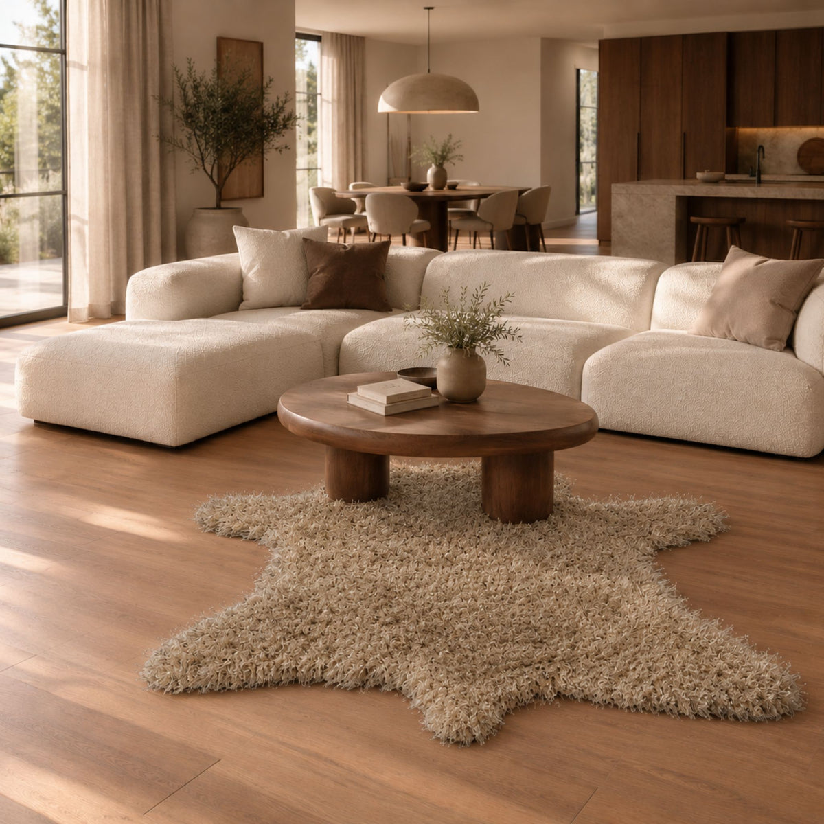 Poly Teddy vloerkleed in beervorm, kleur champignon, in een interieur, visualisatie – Studio Sisté
