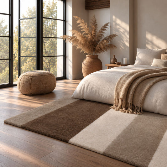 Mokka rechthoekig vloerkleed in crème, beige en mokka in een interieur, visualisatie – Studio Sisté
