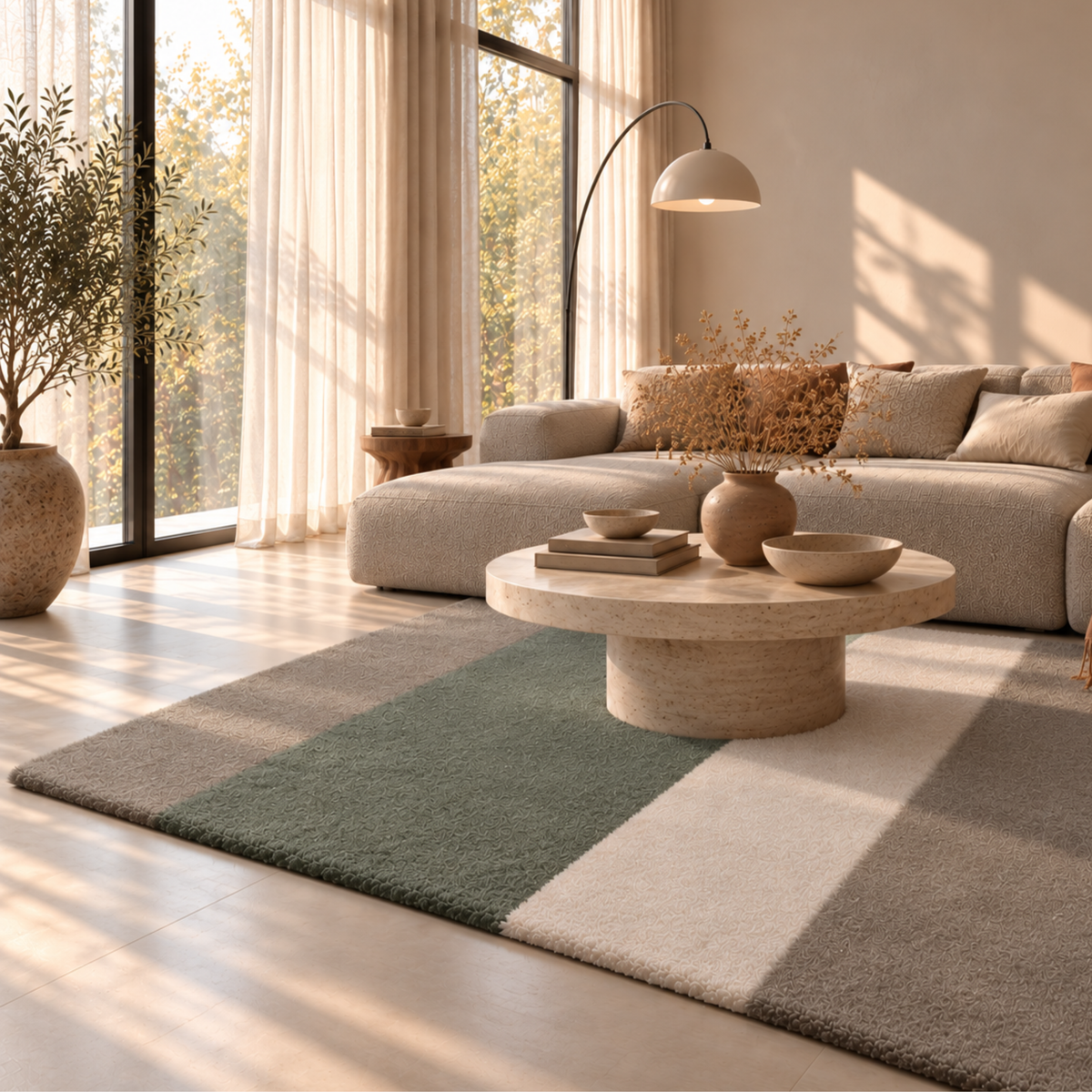 Sage rechthoekig vloerkleed in grijsgroene tinten in een interieur, visualisatie – Studio Sisté