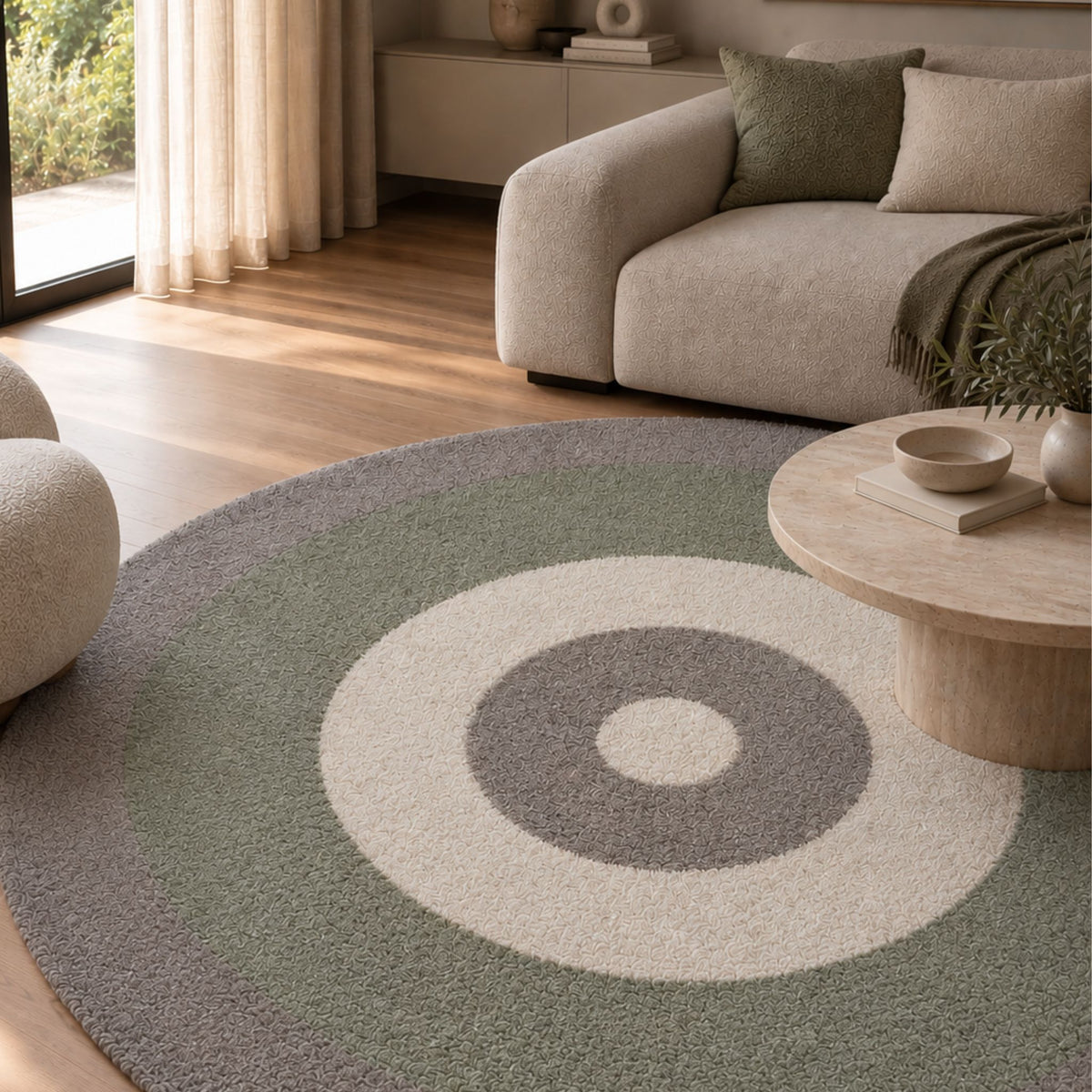 Sage rond vloerkleed in zachte grijsgroene tint in een interieur, visualisatie – Studio Sisté