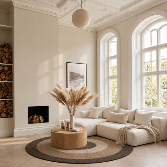 Espresso rond vloerkleed in warme bruine tinten in een interieur, visualisatie – Studio Sisté