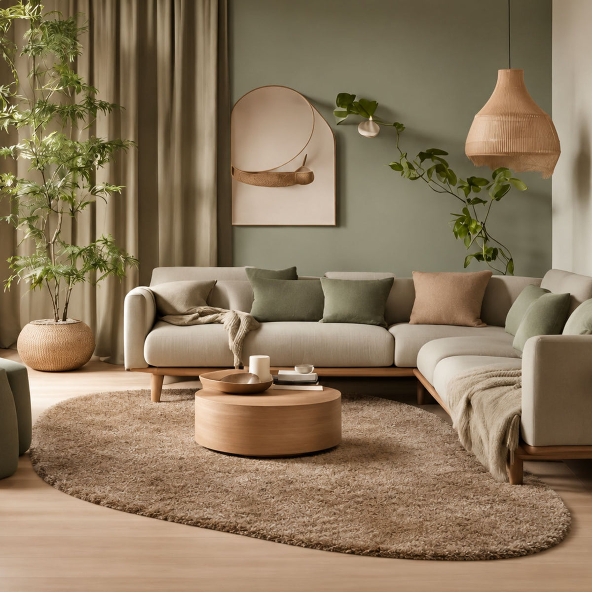 Poly Pebble vloerkleed in organische vorm, kleur sand, in een interieur, visualisatie – Studio Sisté
