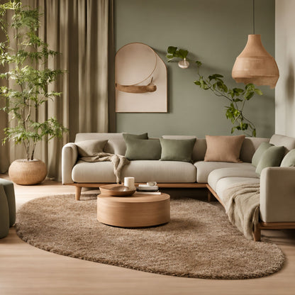 Poly Pebble vloerkleed in organische vorm, kleur sand, in een interieur, visualisatie – Studio Sisté