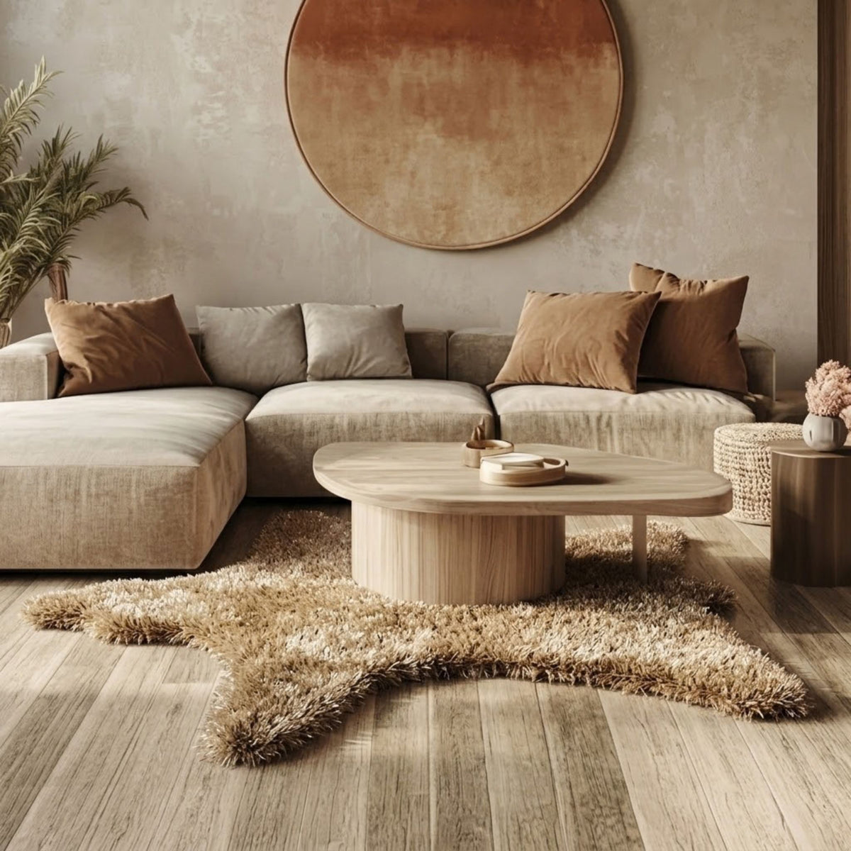 Poly Teddy vloerkleed in beervorm, kleur sand, in een interieur, visualisatie – Studio Sisté